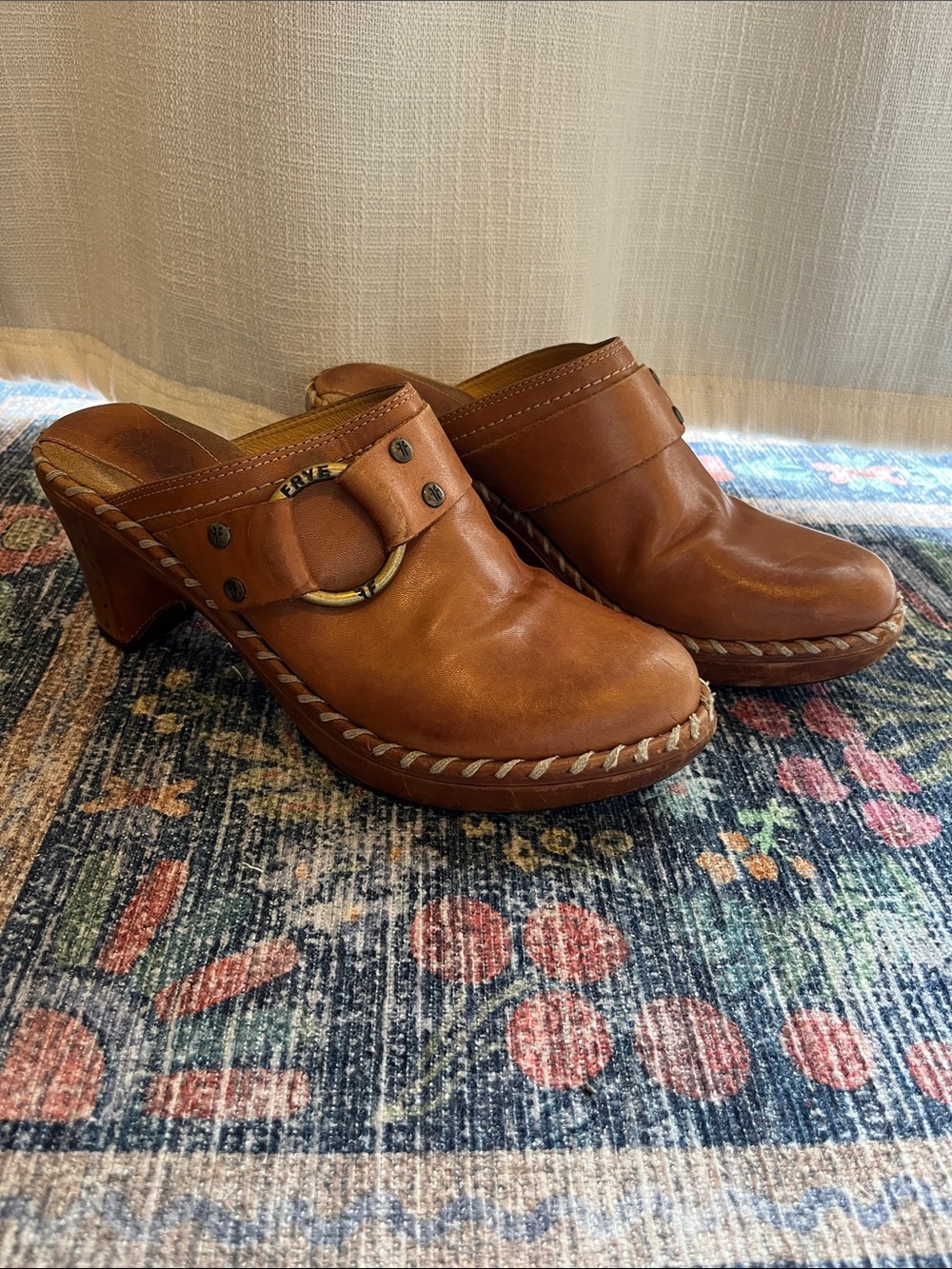 Frye Brown Leather Clog Mules with Brass Ring Accent